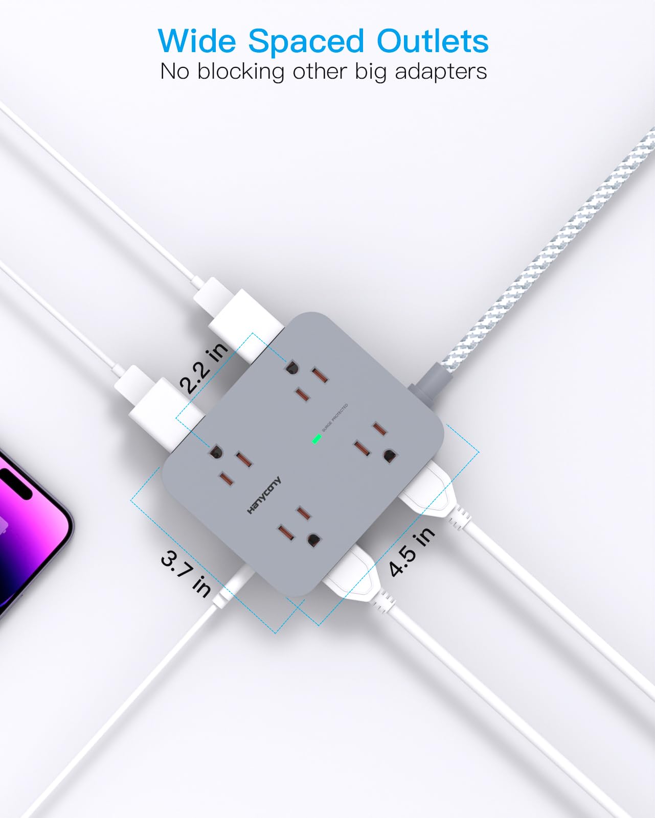 Surge Protector Power Strip - 8 Outlets with 4 USB (2 USB C) Charging Ports, Multi Plug Outlet Extender, 5Ft Braided Extension Cord, Flat Plug Wall Mount Desk USB Charging Station for Home Office ETL