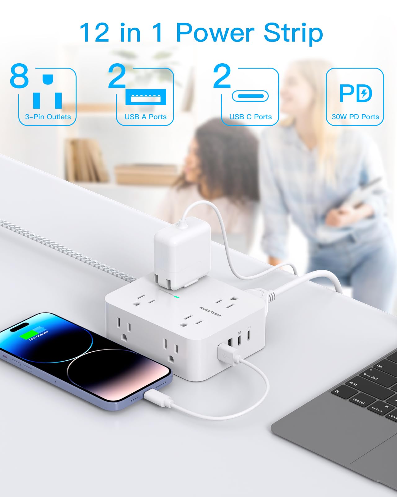 Surge Protector Power Strip - 8 Outlets with 4 USB (2 USB C) Charging Ports, Multi Plug Outlet Extender, 5Ft Braided Extension Cord, Flat Plug Wall Mount Desk USB Charging Station for Home Office ETL