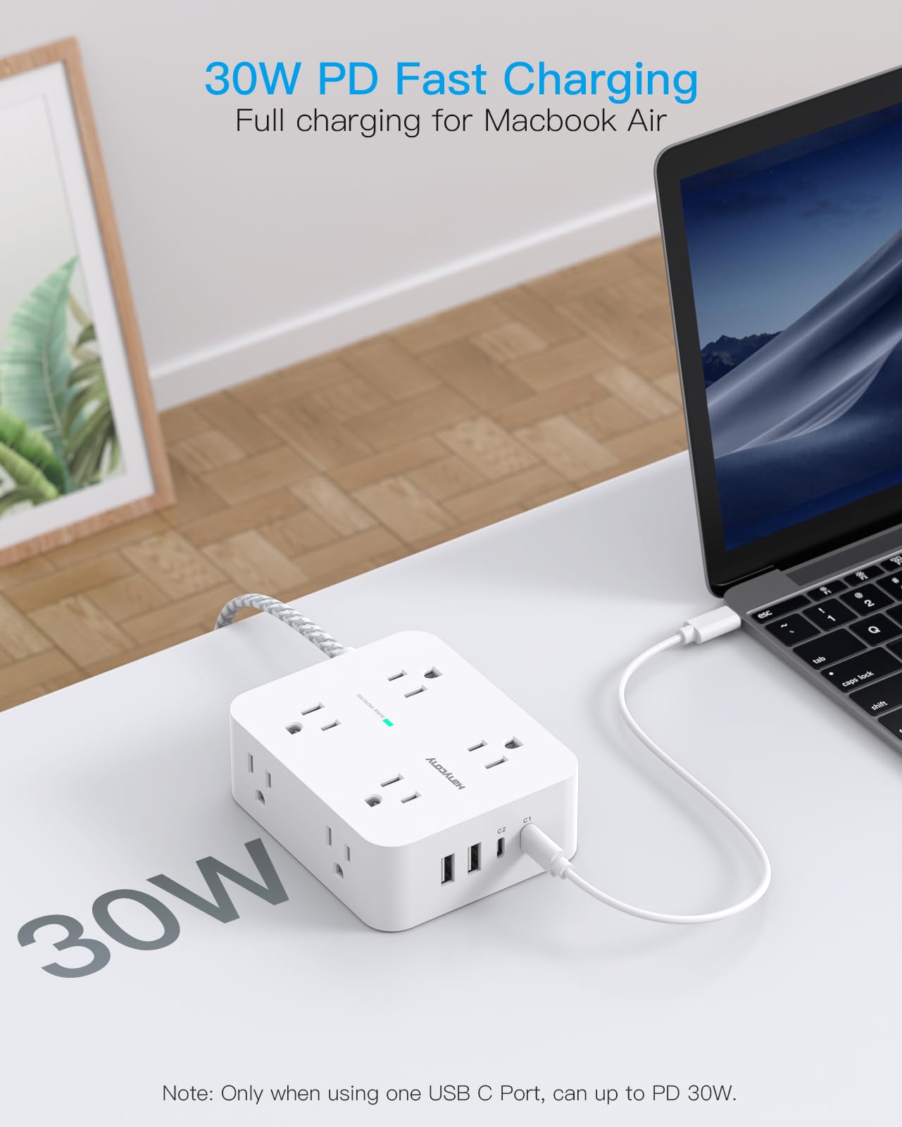 Surge Protector Power Strip - 8 Outlets with 4 USB (2 USB C) Charging Ports, Multi Plug Outlet Extender, 5Ft Braided Extension Cord, Flat Plug Wall Mount Desk USB Charging Station for Home Office ETL