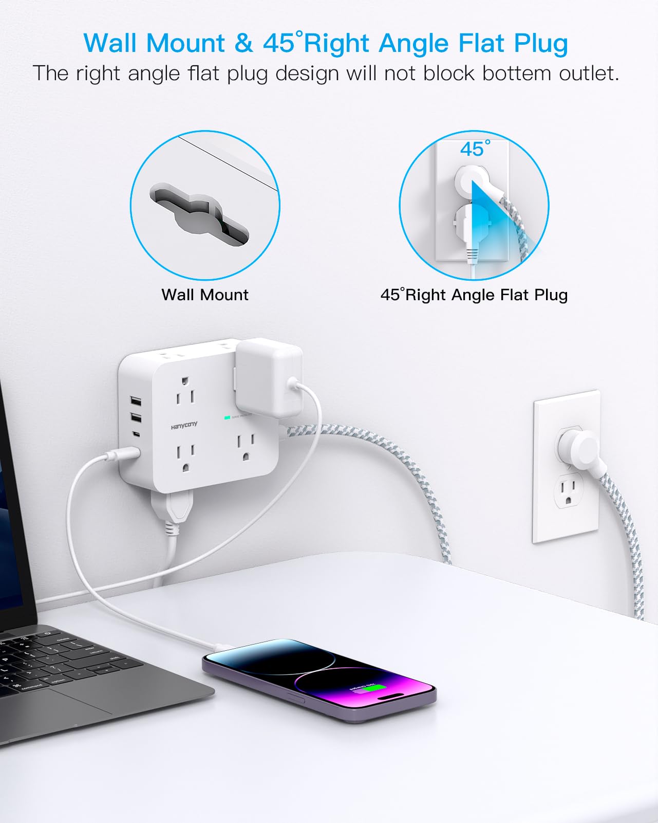 Surge Protector Power Strip - 8 Outlets with 4 USB (2 USB C) Charging Ports, Multi Plug Outlet Extender, 5Ft Braided Extension Cord, Flat Plug Wall Mount Desk USB Charging Station for Home Office ETL