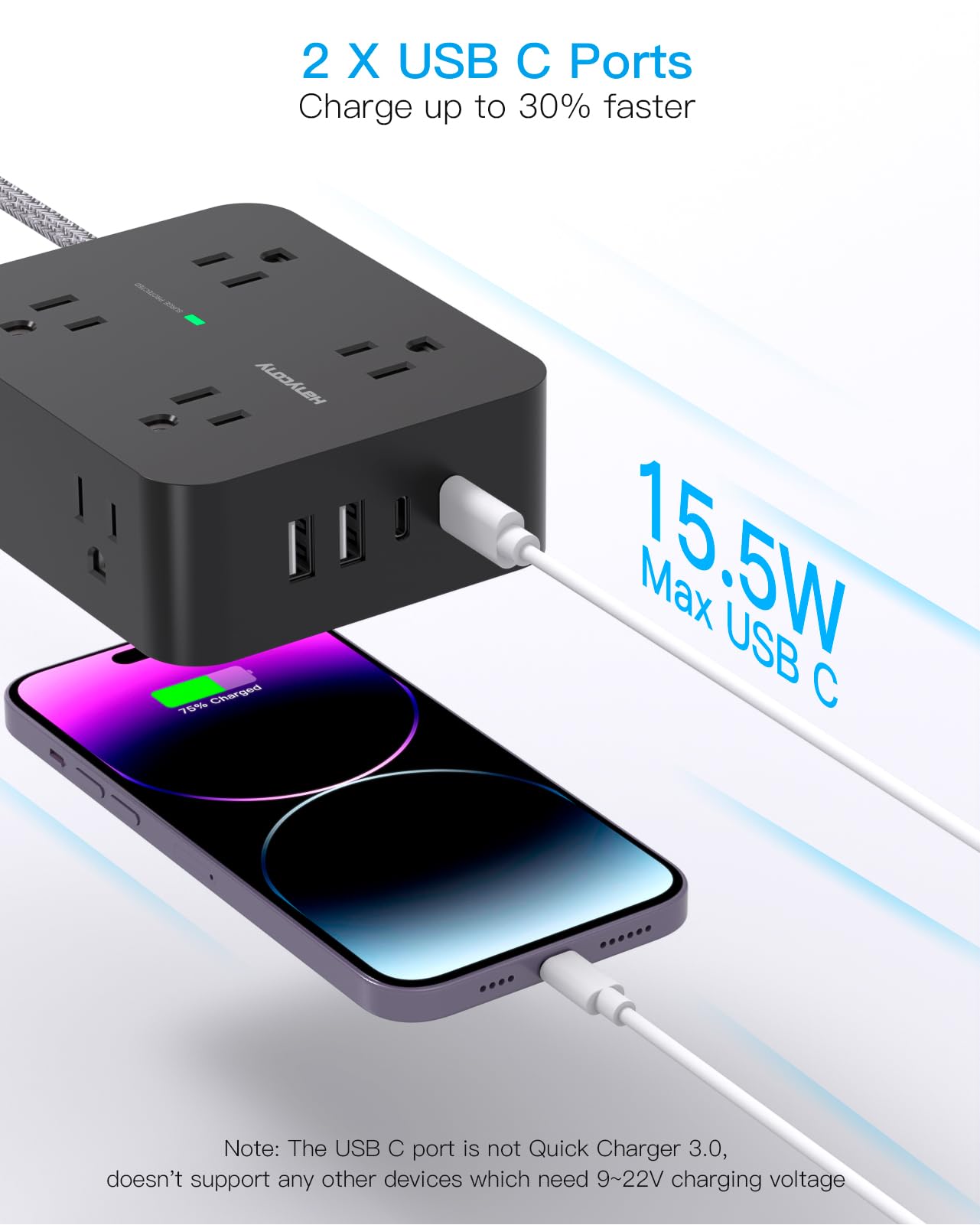 Surge Protector Power Strip - 8 Outlets with 4 USB (2 USB C) Charging Ports, Multi Plug Outlet Extender, 5Ft Braided Extension Cord, Flat Plug Wall Mount Desk USB Charging Station for Home Office ETL