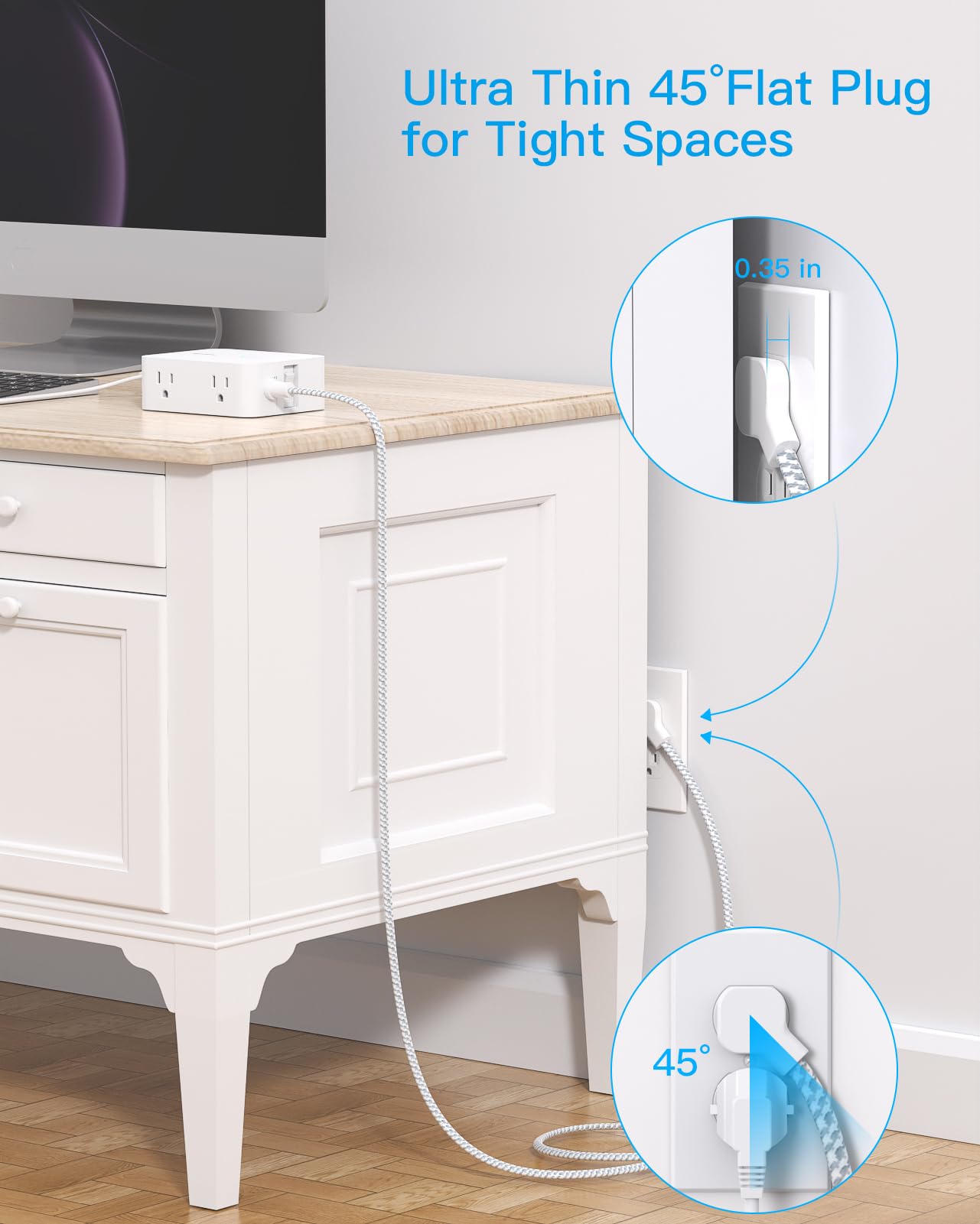 Surge Protector Power Strip - 8 Outlets with 4 USB (2 USB C) Charging Ports, Multi Plug Outlet Extender, 5Ft Braided Extension Cord, Flat Plug Wall Mount Desk USB Charging Station for Home Office ETL