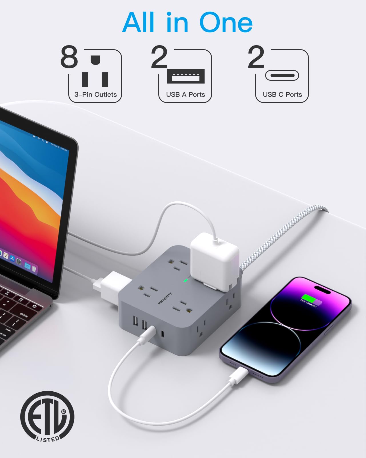 Surge Protector Power Strip - 8 Outlets with 4 USB (2 USB C) Charging Ports, Multi Plug Outlet Extender, 5Ft Braided Extension Cord, Flat Plug Wall Mount Desk USB Charging Station for Home Office ETL