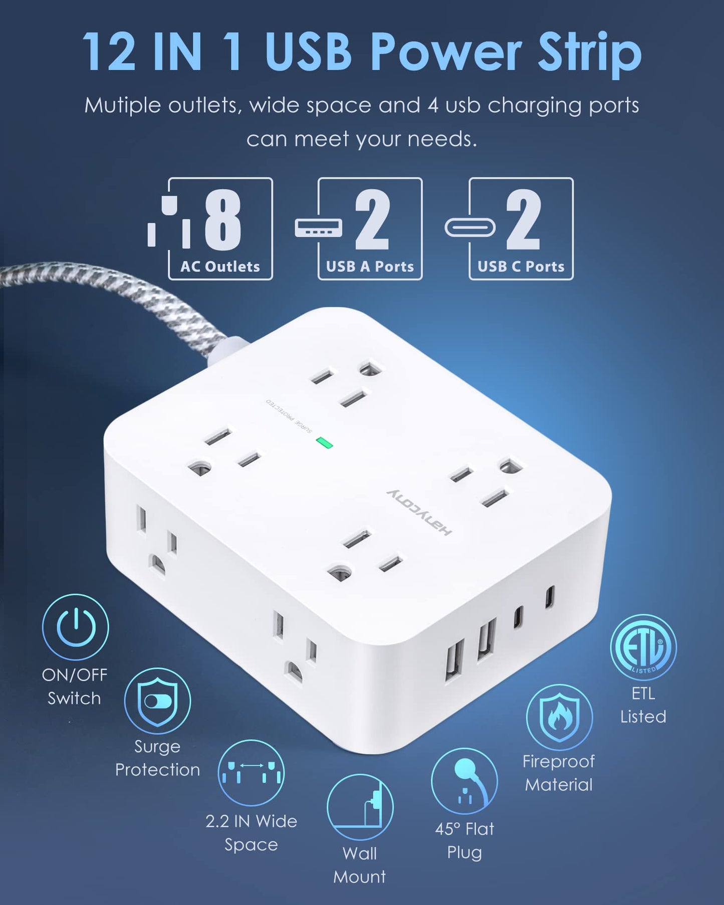 Surge Protector Power Strip - 8 Outlets with 4 USB (2 USB C) Charging Ports, Multi Plug Outlet Extender, 5Ft Braided Extension Cord, Flat Plug Wall Mount Desk USB Charging Station for Home Office ETL