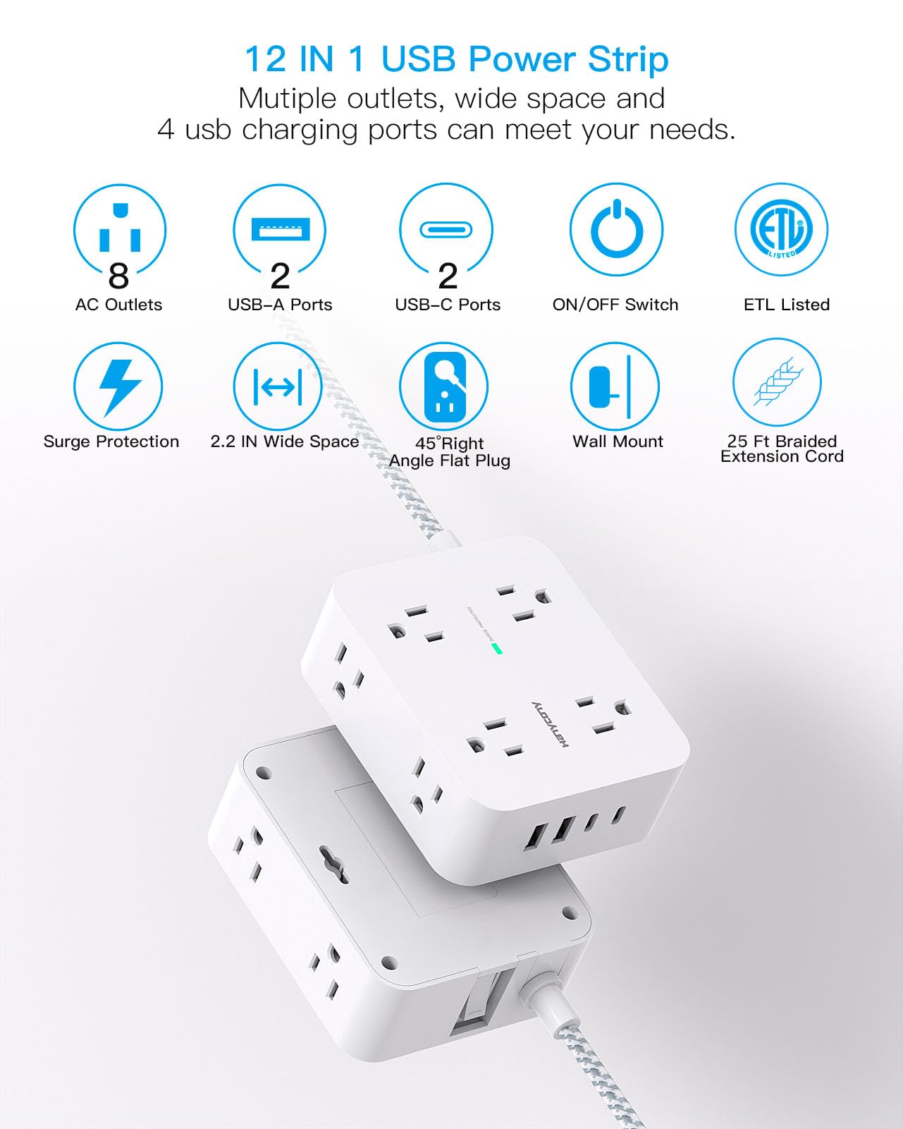 Surge Protector Power Strip - 8 Outlets with 4 USB (2 USB C) Charging Ports, Multi Plug Outlet Extender, 5Ft Braided Extension Cord, Flat Plug Wall Mount Desk USB Charging Station for Home Office ETL