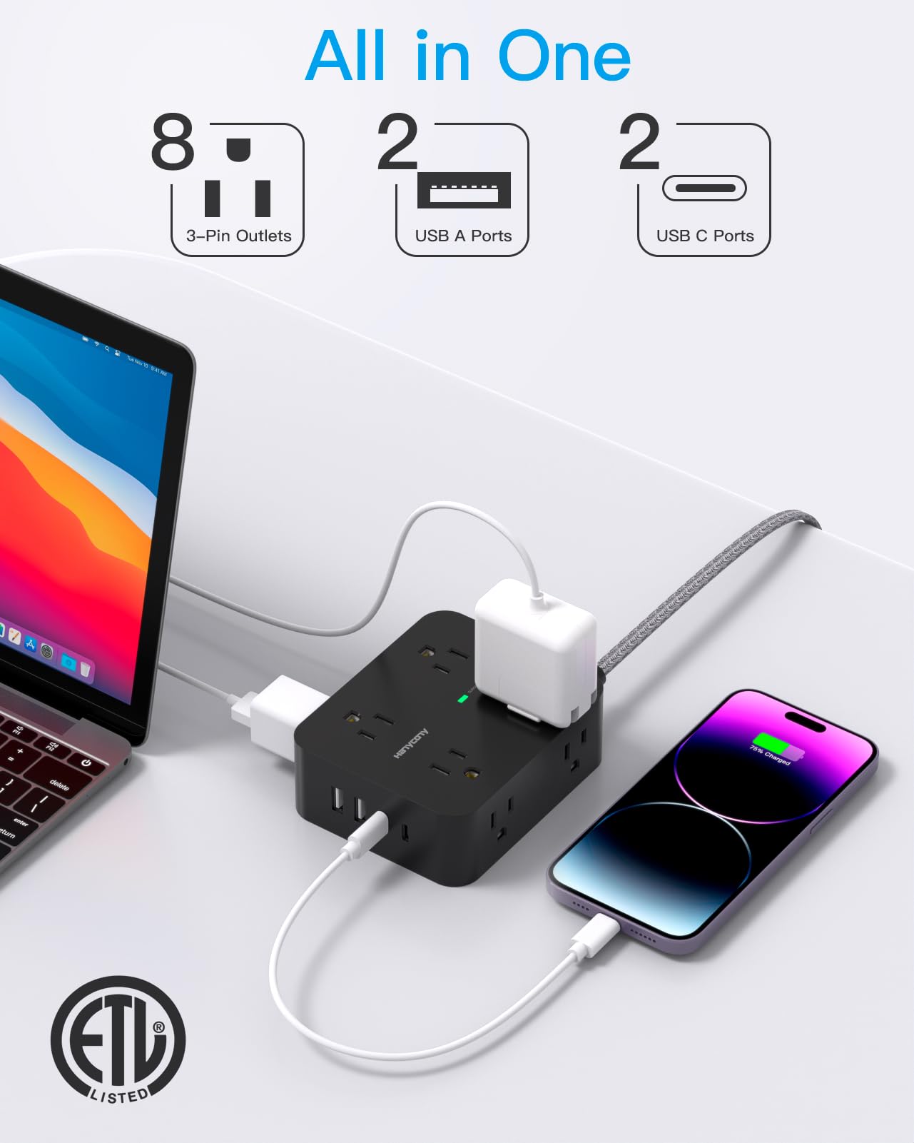 Surge Protector Power Strip - 8 Outlets with 4 USB (2 USB C) Charging Ports, Multi Plug Outlet Extender, 5Ft Braided Extension Cord, Flat Plug Wall Mount Desk USB Charging Station for Home Office ETL