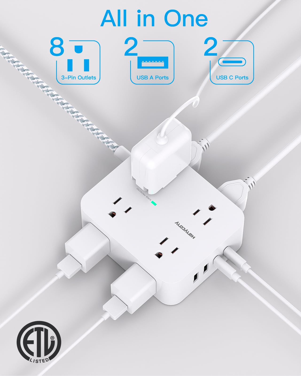 Surge Protector Power Strip - 8 Outlets with 4 USB (2 USB C) Charging Ports, Multi Plug Outlet Extender, 5Ft Braided Extension Cord, Flat Plug Wall Mount Desk USB Charging Station for Home Office ETL