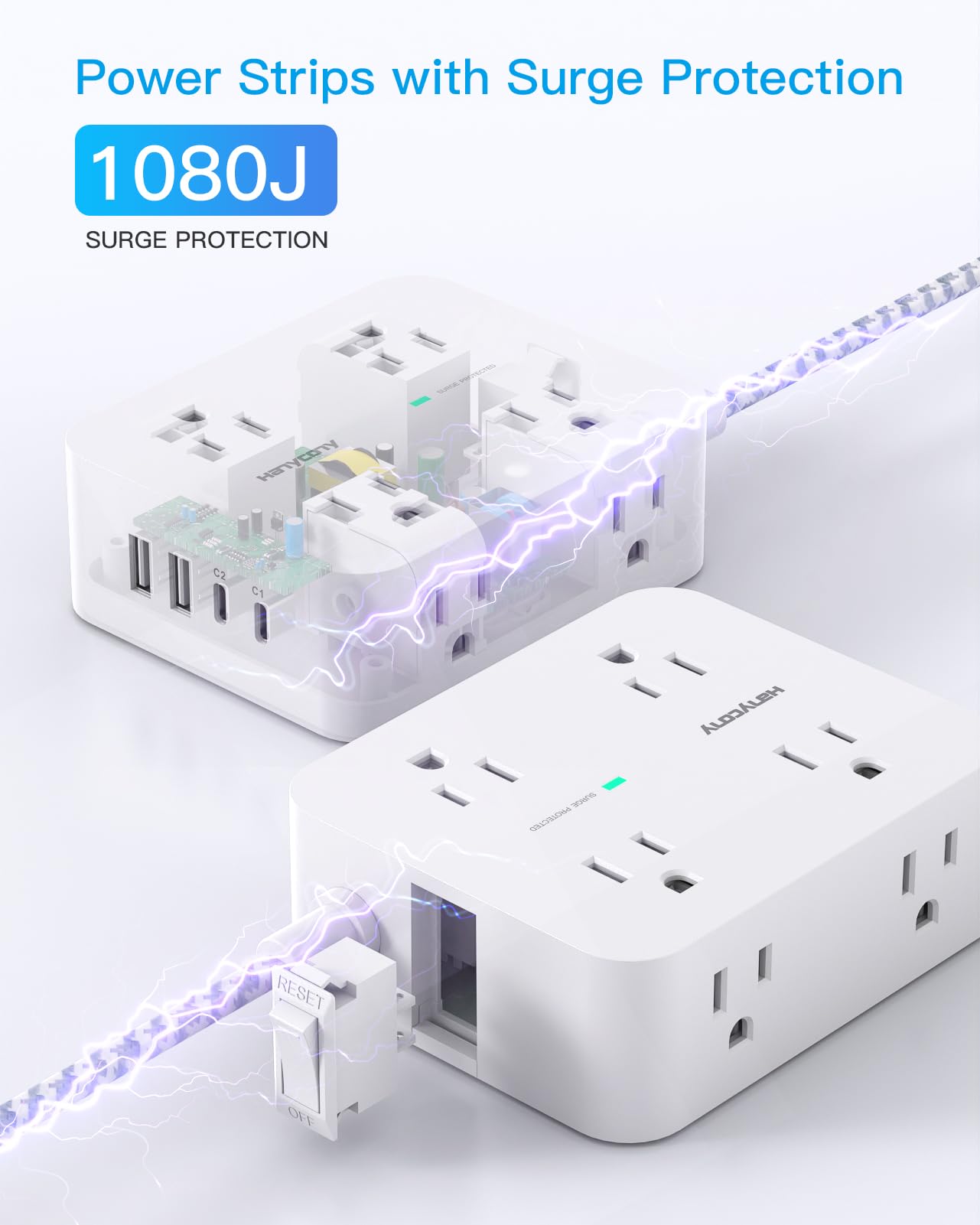 Surge Protector Power Strip - 8 Outlets with 4 USB (2 USB C) Charging Ports, Multi Plug Outlet Extender, 5Ft Braided Extension Cord, Flat Plug Wall Mount Desk USB Charging Station for Home Office ETL