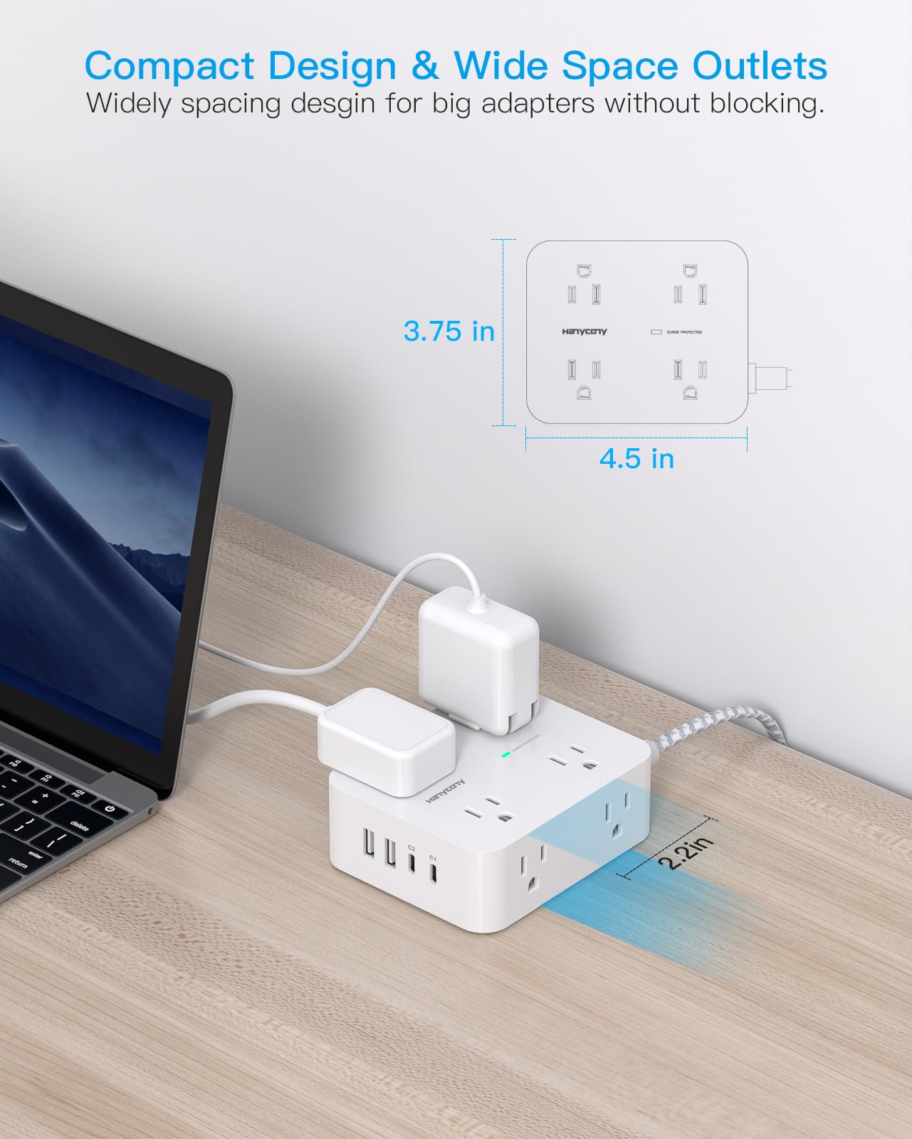 Surge Protector Power Strip - 8 Outlets with 4 USB (2 USB C) Charging Ports, Multi Plug Outlet Extender, 5Ft Braided Extension Cord, Flat Plug Wall Mount Desk USB Charging Station for Home Office ETL