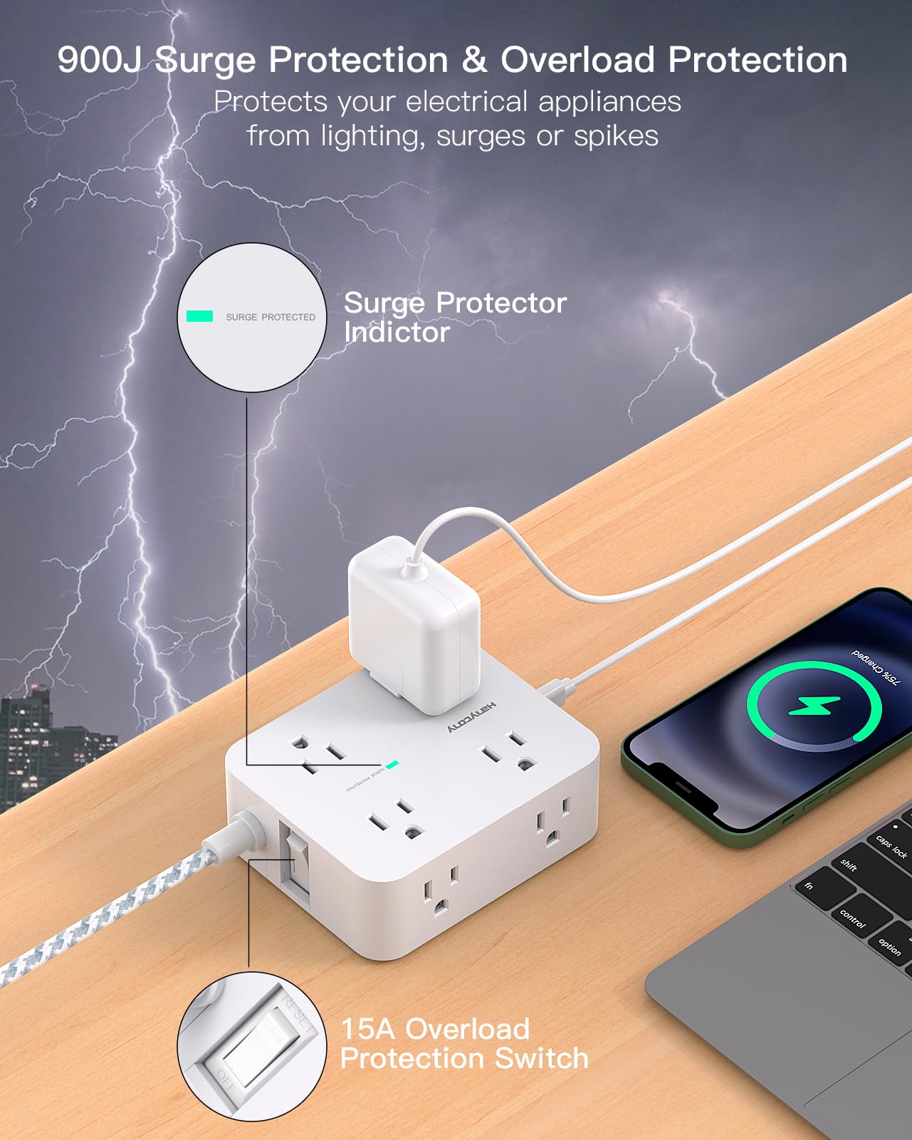 Surge Protector Power Strip - 8 Outlets with 4 USB (2 USB C) Charging Ports, Multi Plug Outlet Extender, 5Ft Braided Extension Cord, Flat Plug Wall Mount Desk USB Charging Station for Home Office ETL