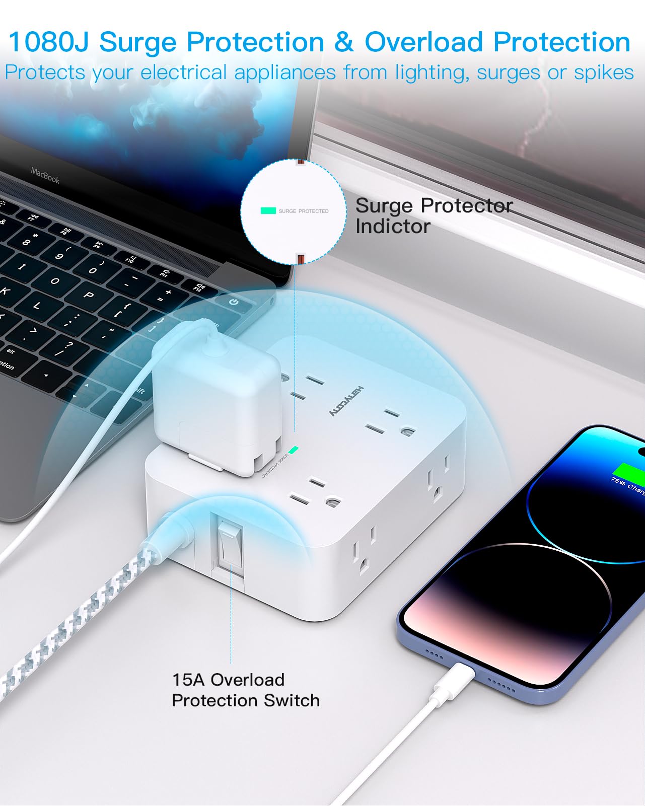 Surge Protector Power Strip - 8 Outlets with 4 USB (2 USB C) Charging Ports, Multi Plug Outlet Extender, 5Ft Braided Extension Cord, Flat Plug Wall Mount Desk USB Charging Station for Home Office ETL