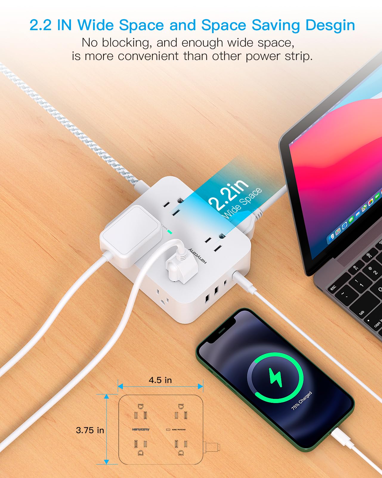 Surge Protector Power Strip - 8 Outlets with 4 USB (2 USB C) Charging Ports, Multi Plug Outlet Extender, 5Ft Braided Extension Cord, Flat Plug Wall Mount Desk USB Charging Station for Home Office ETL