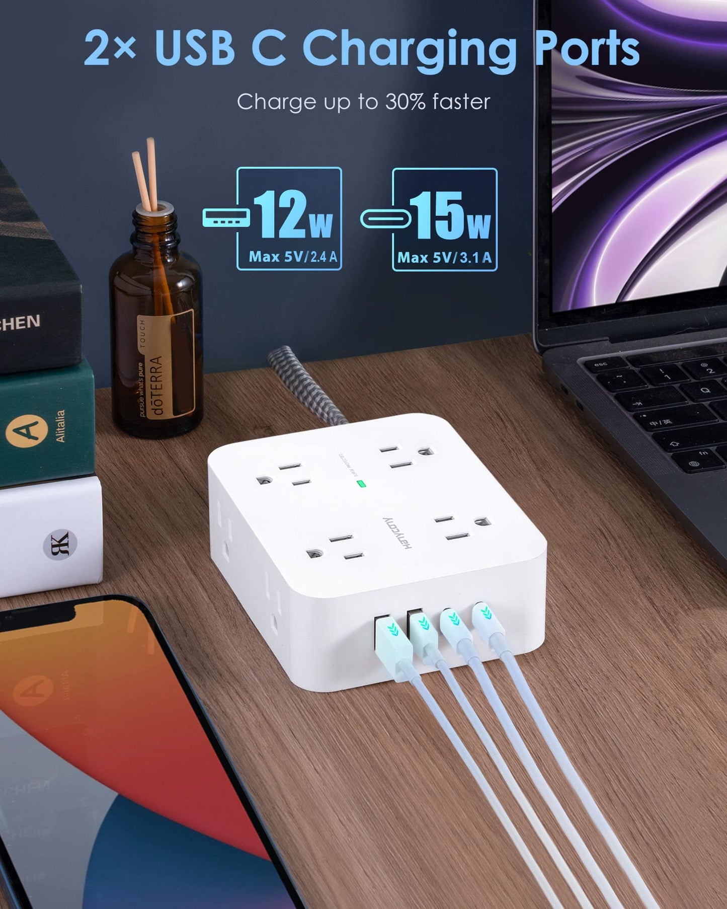 Surge Protector Power Strip - 8 Outlets with 4 USB (2 USB C) Charging Ports, Multi Plug Outlet Extender, 5Ft Braided Extension Cord, Flat Plug Wall Mount Desk USB Charging Station for Home Office ETL