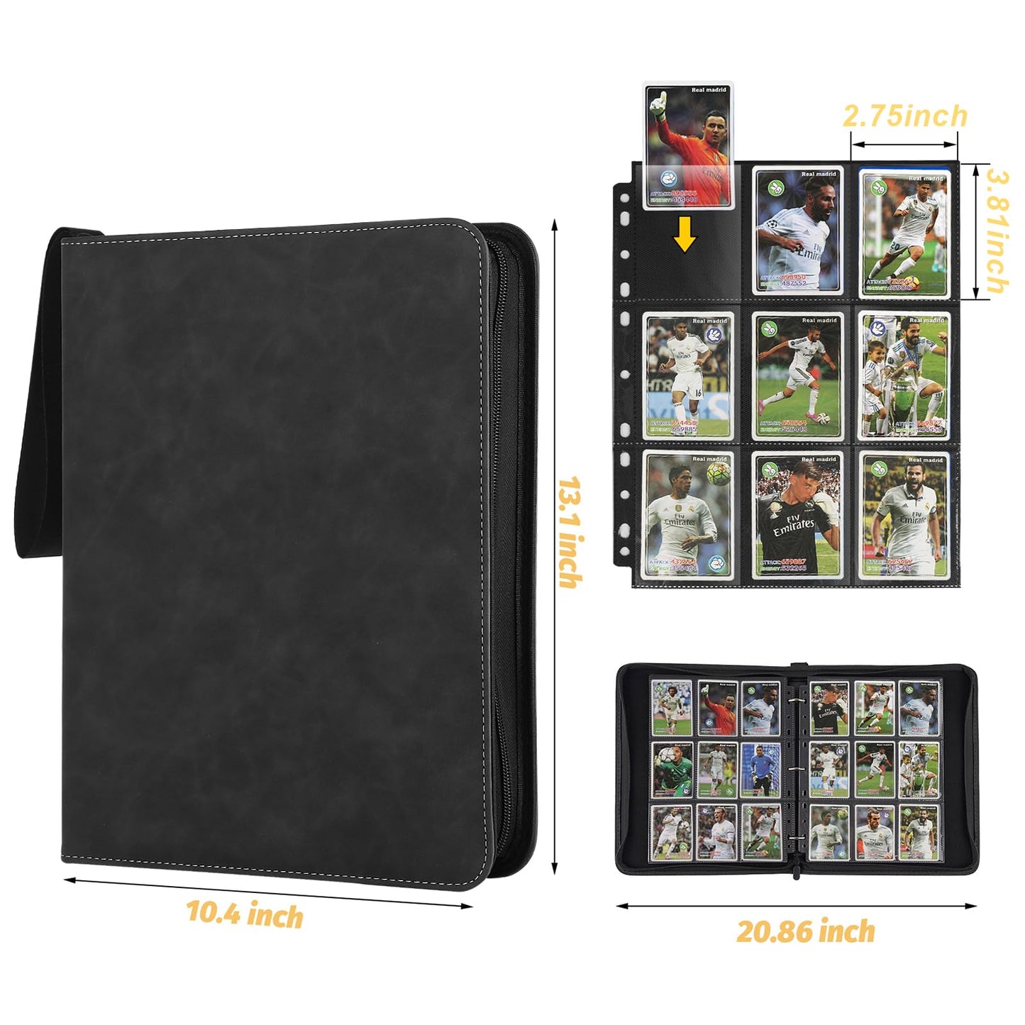 9 Pocket Card Binder, Premium Zip Trading Card Binder, 720 Double Sided Pocket PU Collection Binder, Collector Album, Card Folder for MTG, TCG, Sports Cards, (Black)