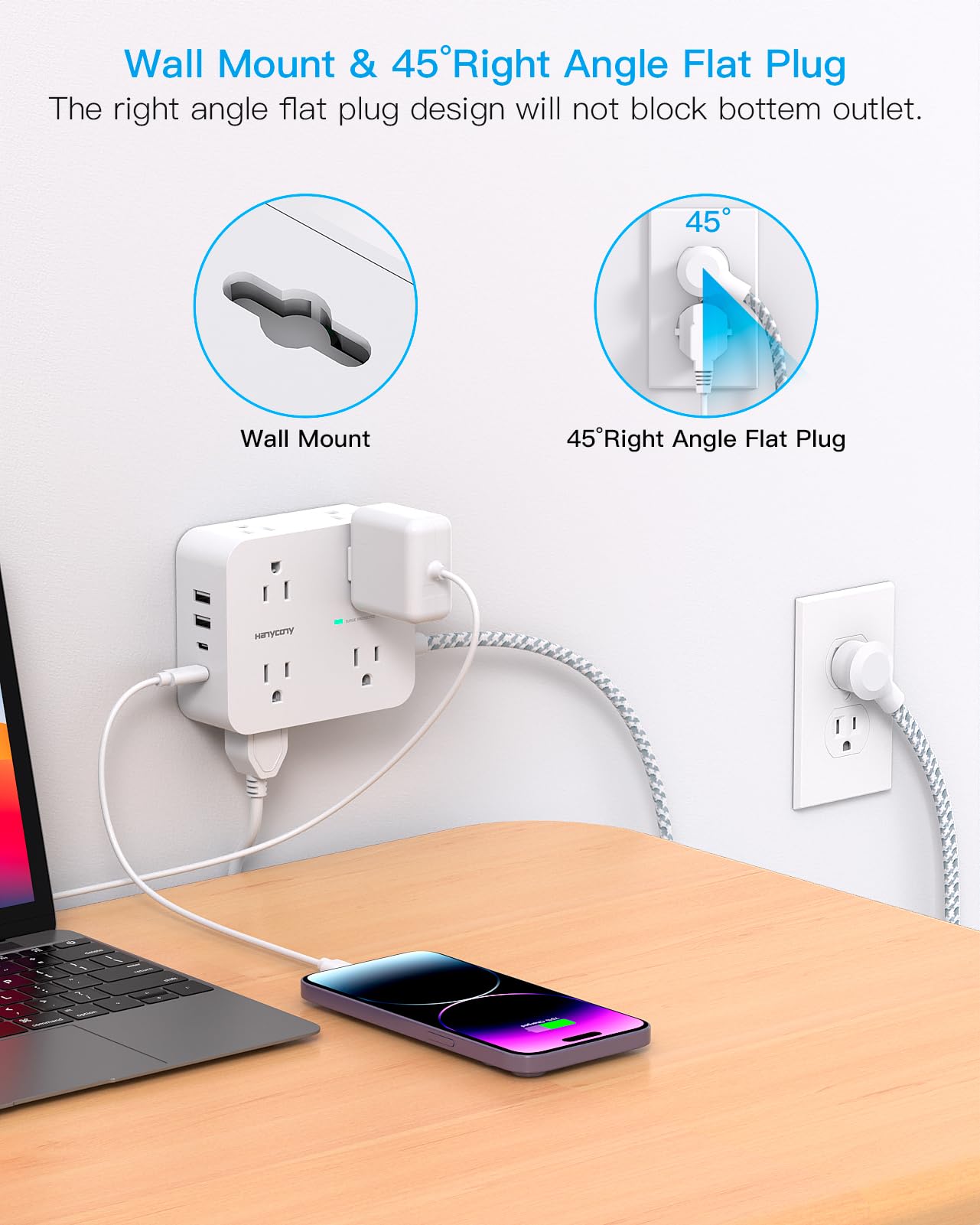 Surge Protector Power Strip - 8 Outlets with 4 USB (2 USB C) Charging Ports, Multi Plug Outlet Extender, 5Ft Braided Extension Cord, Flat Plug Wall Mount Desk USB Charging Station for Home Office ETL