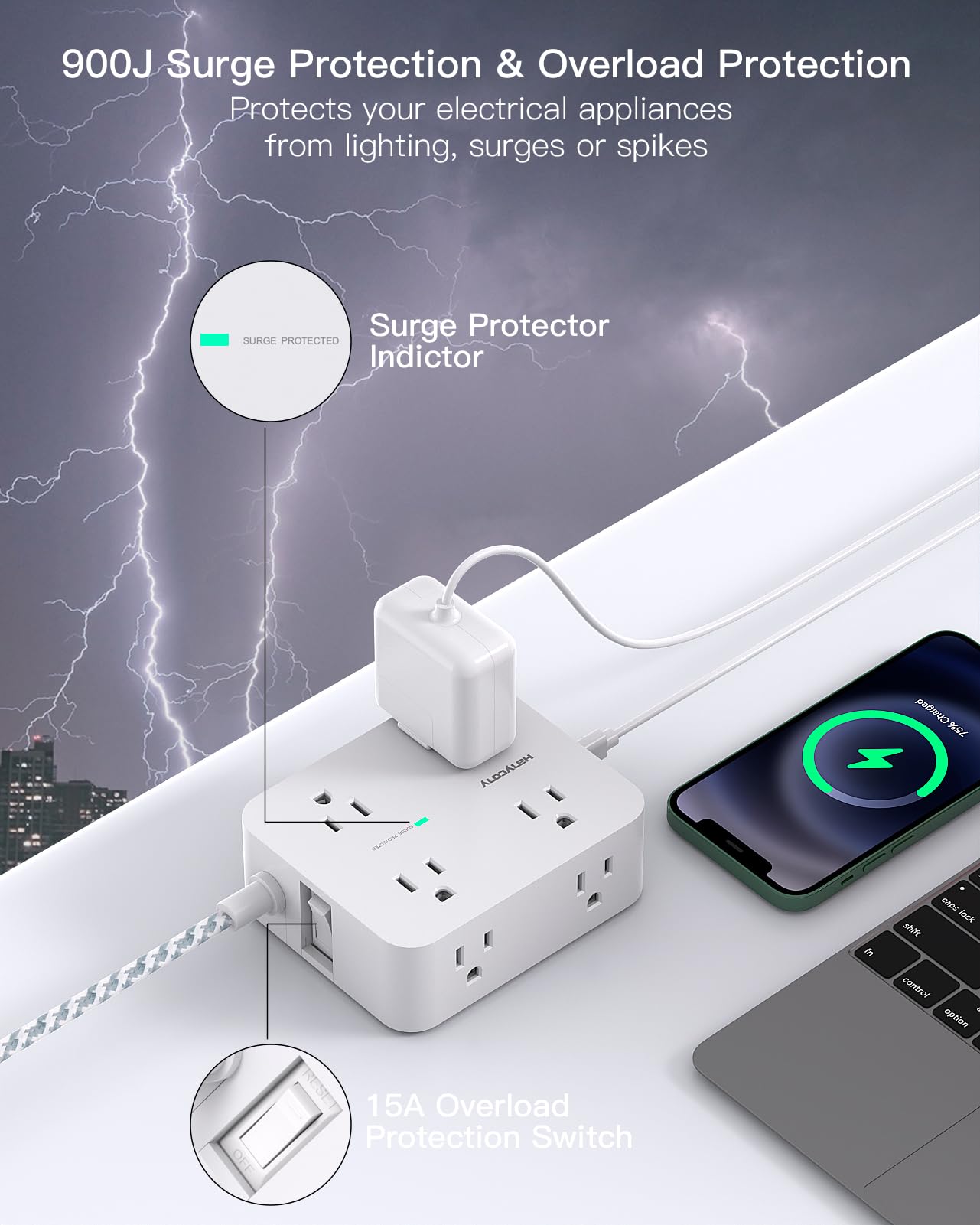 Surge Protector Power Strip - 8 Outlets with 4 USB (2 USB C) Charging Ports, Multi Plug Outlet Extender, 5Ft Braided Extension Cord, Flat Plug Wall Mount Desk USB Charging Station for Home Office ETL