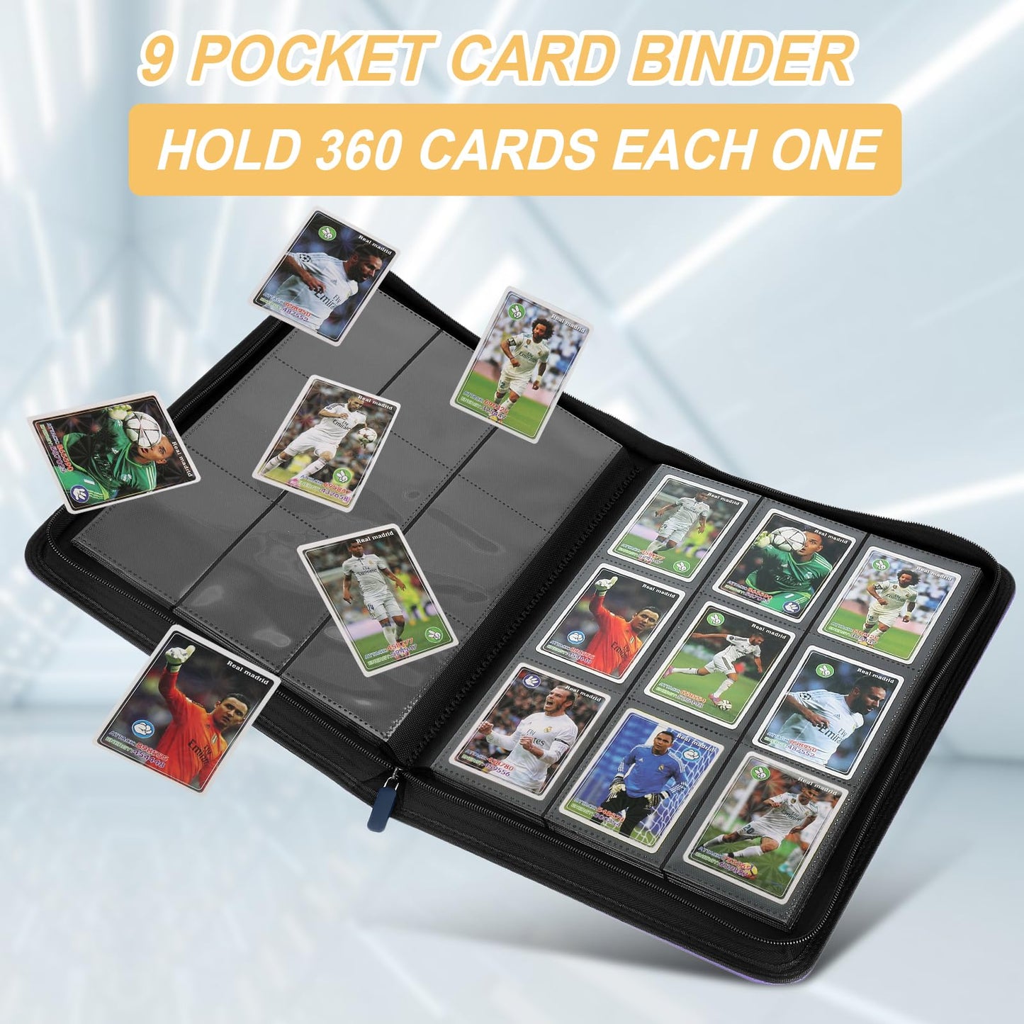 9 Pocket Card Binder, Premium Zip Trading Card Binder, 720 Double Sided Pocket PU Collection Binder, Collector Album, Card Folder for MTG, TCG, Sports Cards, (Black)