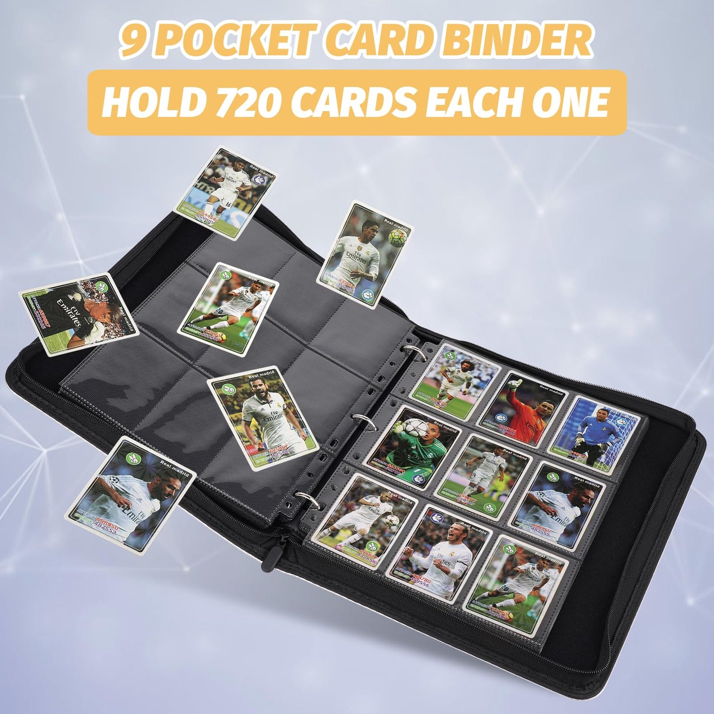 9 Pocket Card Binder, Premium Zip Trading Card Binder, 720 Double Sided Pocket PU Collection Binder, Collector Album, Card Folder for MTG, TCG, Sports Cards, (Black)