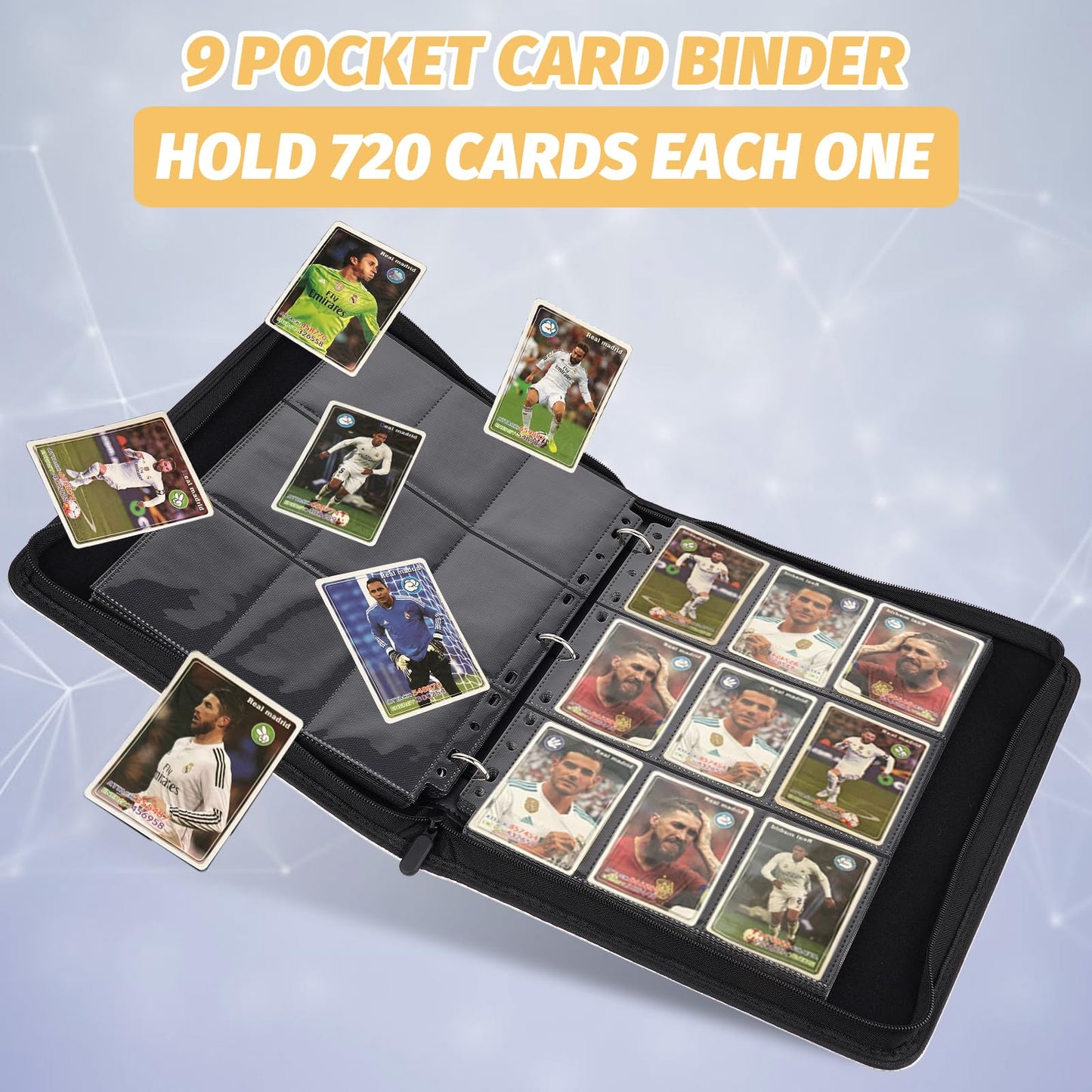 9 Pocket Card Binder, Premium Zip Trading Card Binder, 720 Double Sided Pocket PU Collection Binder, Collector Album, Card Folder for MTG, TCG, Sports Cards, (Black)